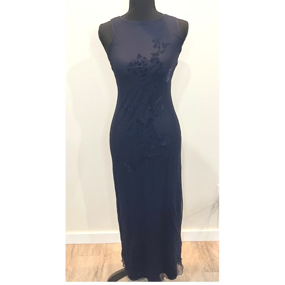 Vintage 90s Navy Blue Mesh Velvet Burnout Floral Maxi Dress Sleeveless Size XS